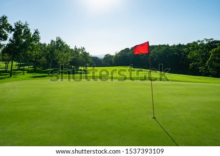 Pin Flag of Golf Course with beautiful putting green. Golf course with a rich green turf beautiful scenery.
