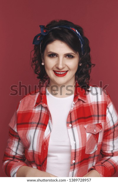 Pin Girl Curly Hair Red Shurt Stock Image Download Now