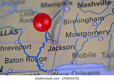 Pin Marked Jackson On Map, MS MIssissippi USA