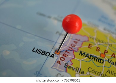 Pin Marked Lisbon On Map, Portugal