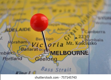 Pin marked Melbourne on map, Australia