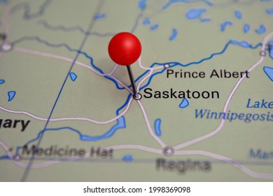 Pin Marked Saskatoon On Map In Canada