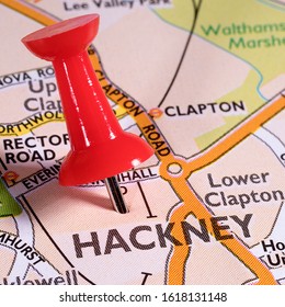 A pin marking the location of Hackney on a map of the United Kingdom.  Hackney is a district in East London.  It is the administrative centre of the London Borough of Hackney.