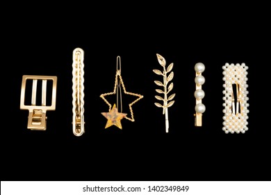 Pin Set Beauty Trendy Accessories Hair Pearl Clip On Black Background. Top View. Copy Space Fot Text. 