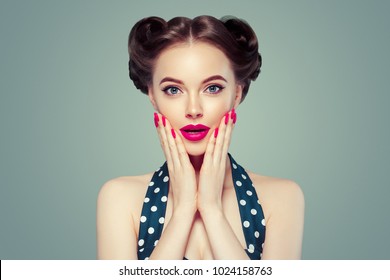 Pin Up Woman Portrait. Beautiful Retro Female In Polka Dot Dress With Red Lips And Manicure Nails And Old Fshion Hairstyle