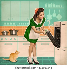 Pin Up Young Woman Cooking In An Oven.Retro Kitchen Room On Old Paper