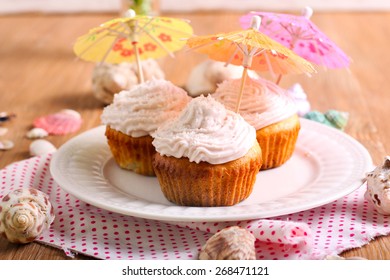 Pina Colada Cupcakes, Decorated With Cocktail Umbrellas