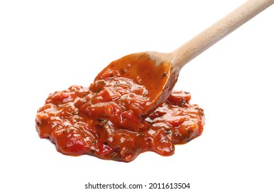 Pindjur Vegetable Relish Made From Red Paprika, Pepper And Eggplant With Wooden Spoon Isolated On White Background