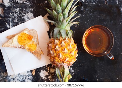 Pine Apple Fruit Slice White Toast Topped Citrus Jam Tea Diet Healthy Breakfast 
