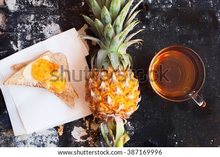 Pine Apple Fruit Slice White Toast Topped Citrus Jam Tea Diet Healthy Breakfast 