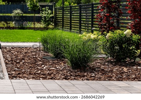 Pine bark lying in the yard in front of the house, visible fence and septic tank.