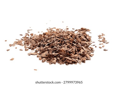 Pine bark substrate displayed as a textured pile of shredded bark pieces on a white background, suitable for use in gardening and plant care