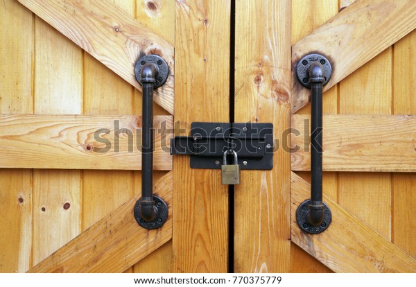 Pine Barn Door Handles Lock Centered Stock Photo Edit Now 770375779