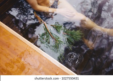 Pine branches near a hot conifer in a water of hot tube spa