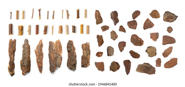Pine, Cedar or Oak Tree Bark Pieces Set Isolated on White Background. Natural Broken Wooden Garden Mulch Chips Collection Top View