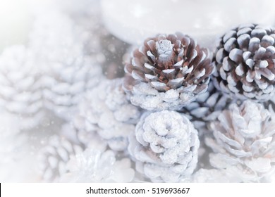 Pine cone decoration for winter season, christmas with snow 