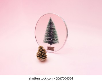 Pine cone look in to mirror and see new year green snow tree. Pink pastel background. Minimal holiday design and concept.