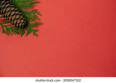 pine cone on a red background. christmas background template. splash screen, copy space.