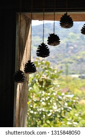 Pine cones hanging from the ceiling in front of an opening with a charming view.