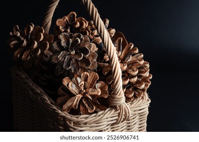 Pine cones in Wicker basket on dark background. Pine cones nice and dry and some are open up, Light and Shadow, use it as your Wallpaper, Poster and Space for text, Selective focus. - Powered by Shutterstock