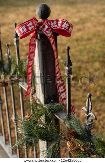 Pine Garland Pine Cones Red Ribbon Stock Photo Edit Now 1264258003