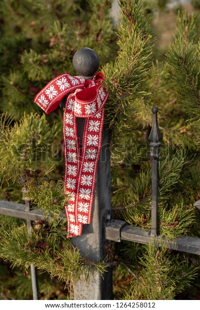 Pine Garland Pine Cones Red Ribbon Backgrounds Textures