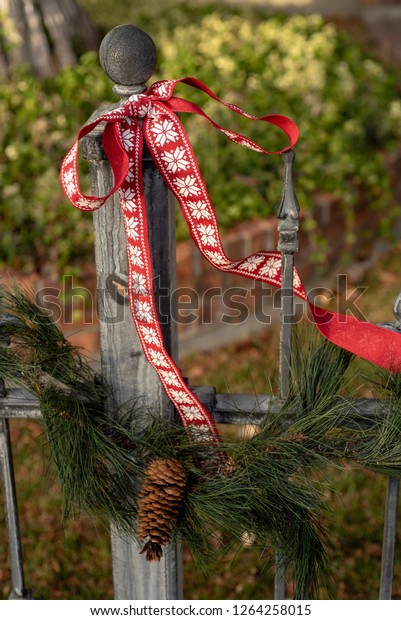 Pine Garland Pine Cones Red Ribbon Stock Photo Edit Now 1264258015