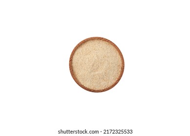 Pine Kernel Flour In Wooden Bowl On White Background, Top View. Design Element. Real Pine Kernel Nuts, Dried Powder.