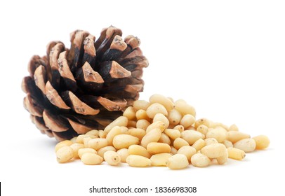 Pine Nut Heap And Pine Cone On A White Background. Isolated