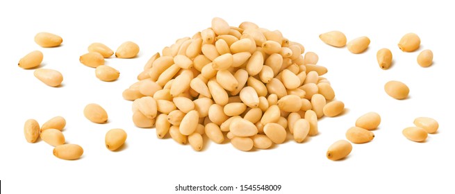 Pine nuts pile and separate kernels isolated on white background. Package design element with clipping path
