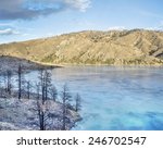 pine trees bunt by wildfire on the shore of frozen Seaman Reservoir in Rocky Mountains near Fort Collins, Colorado