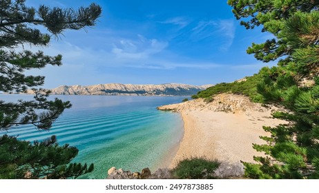 Pine trees framing secluded idyllic beach Mali Raj with crystal clear turquoise Adriatic sea in Baska, Krk Otok, Primorje-Gorski Kotar, Croatia. Shoreline of cliffs and mountains. Serene coastal scene