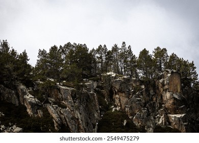 Pine trees growing atop a rocky cliff under a cloudy sky in Andorra. The natural contrast between the rugged rock and the green pines creates a striking visual scene, evoking a sense of wilderness and - Powered by Shutterstock