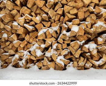 Pine wood cut and split into pieces stored in a pile with a small amount of snow, as winter firewood. Close-up as background.