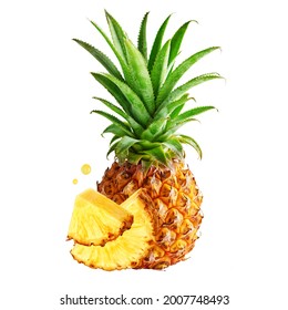 Pineapple, Ananas Comosus, fresh delicious ripe pineapple, whole and cut exotic fruit on white background. Contains vitamins, minerals, carbohydrates, phytochemicals: vitamin C, manganese, bromelain - Shutterstock ID 2007748493