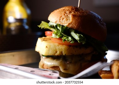 Pineapple Cheese Burger With Fries Cole Slaw And A Pickle