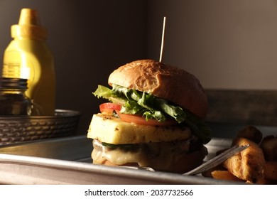 Pineapple Cheese Burger With Fries Cole Slaw And A Pickle