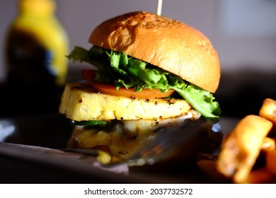 Pineapple Cheese Burger With Fries Cole Slaw And A Pickle