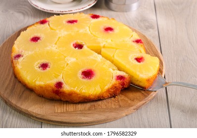 Pineapple and cherry upside down cake, served