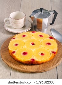 Pineapple and cherry upside down cake, served