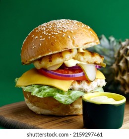 Pineapple Chicken Burger On Green Background