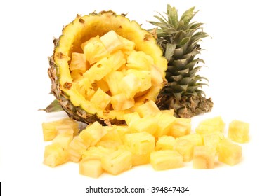 Pineapple Chunks Isolated On White, Clipping Path Included