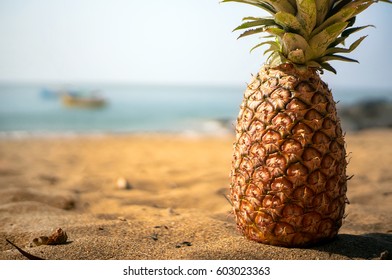 pineapple close up lying on a sandy beach against a clear blue sky.