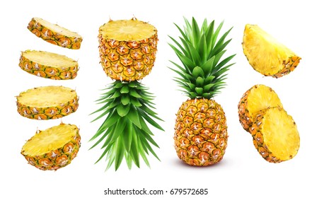 Коллекция ананасов. Цельный и нарезанный ананас, выделенный на белом фоне