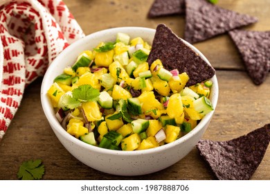 Pineapple And Cucumber Salsa With Jalapeno And Red Onion Served With Chips