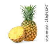 Pineapple with cut in half isolated on white background.