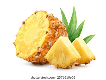 Pineapple cut in half and slices isolated on white background.