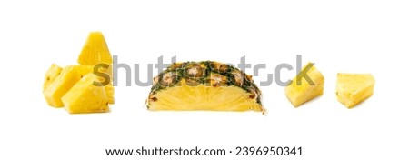Pineapple Cuts Isolated, Raw Ananas Pieces, Comosus Tropical Fruit Chunks, Ripe Pine Apple Slices of Pulp, Pineapple Fruit on White Background