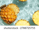 Pineapple floating in clean, moving water.