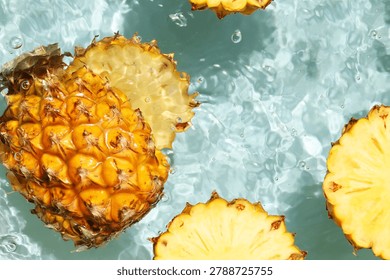 Pineapple floating in clean, moving water.
